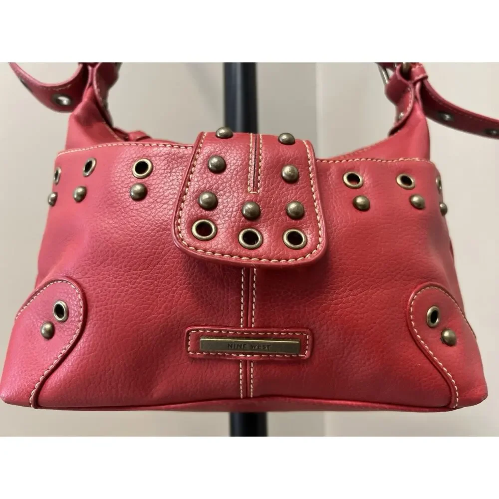Nine West Red Studded Grommet Shoulder Bag Y2K Faux Leather Purse